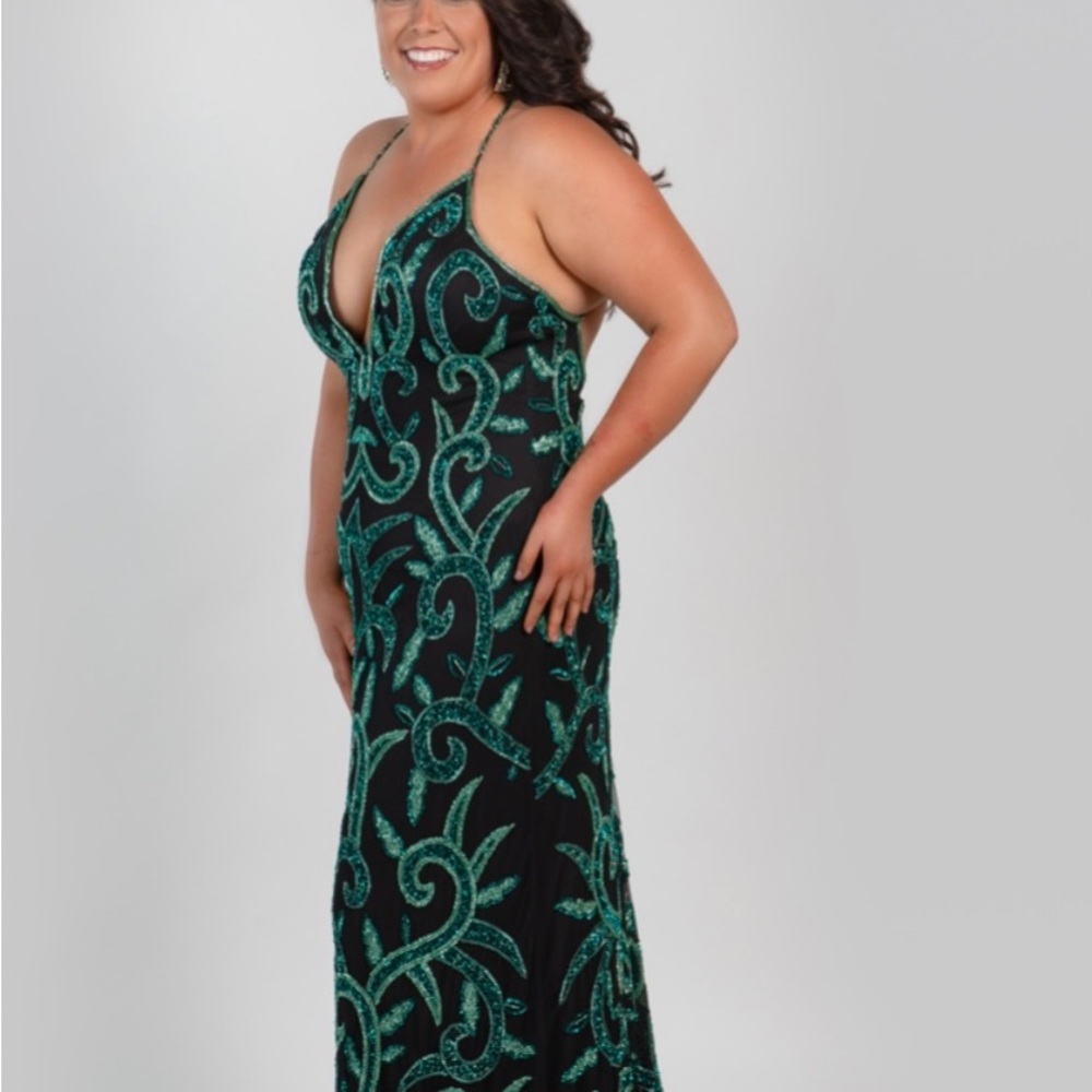 Teal Green Plunge Neck Maxi Prom Dress